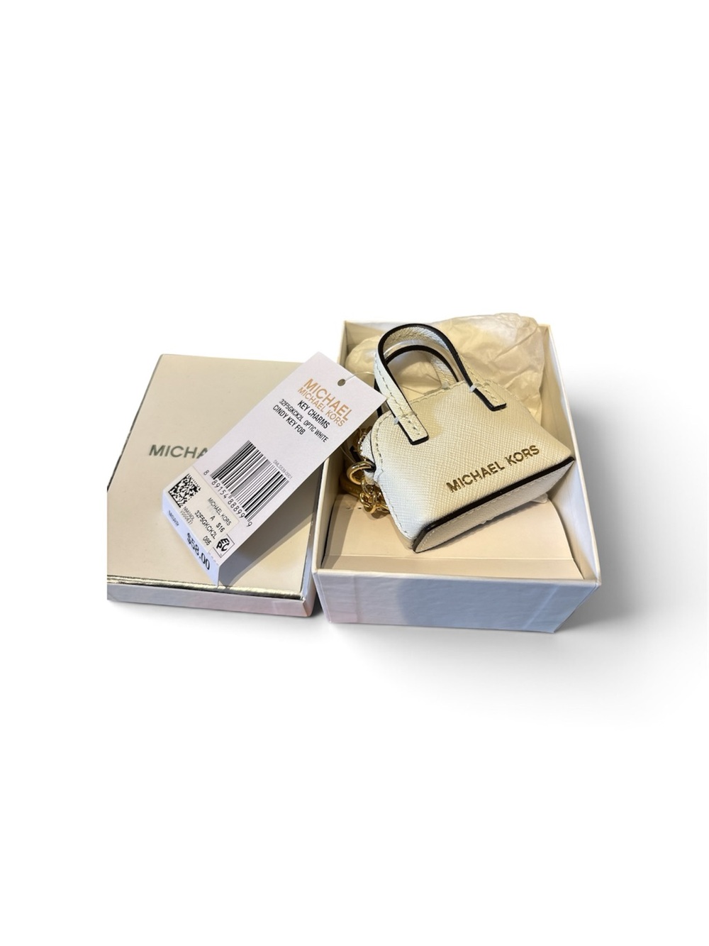 Michael Kors white Saffiano Mini Tote Key Holder with Gold Hardware